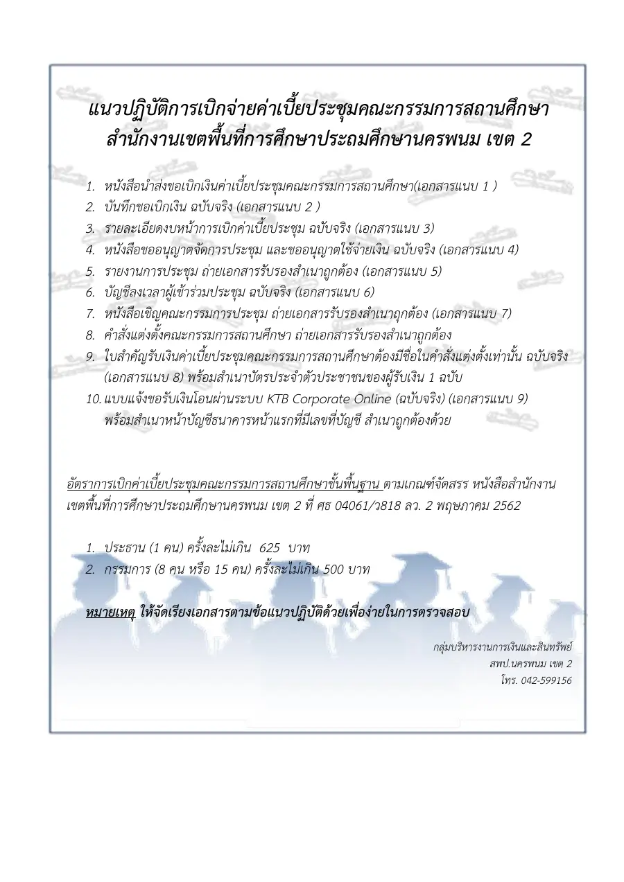 ตัวอย่างหน้าแรกของแบบฟอร์ม บันทึกขอเบิกเงินค่าเบี้ยประชุมคณะกรรมการสถานศึกษา และรายละเอียดงบหน้า (ชุดเอกสารเบิกพร้อมแนวปฏิบัติ)