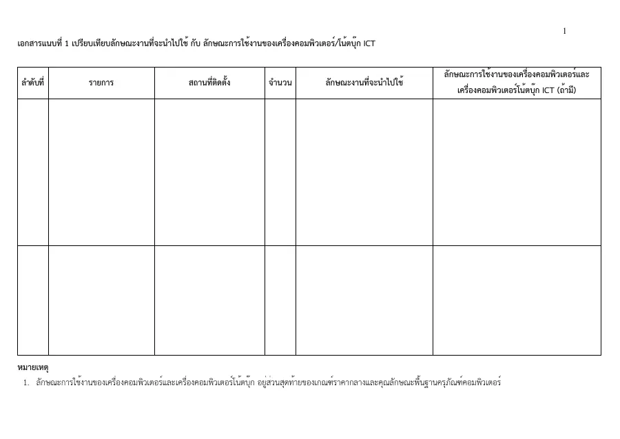 ตัวอย่างหน้าแรกของแบบฟอร์ม เอกสารแนบที่ 1 แบบเปรียบเทียบลักษณะงานกับการใช้งานเครื่องคอมพิวเตอร์/โน้ตบุ๊ก ICT