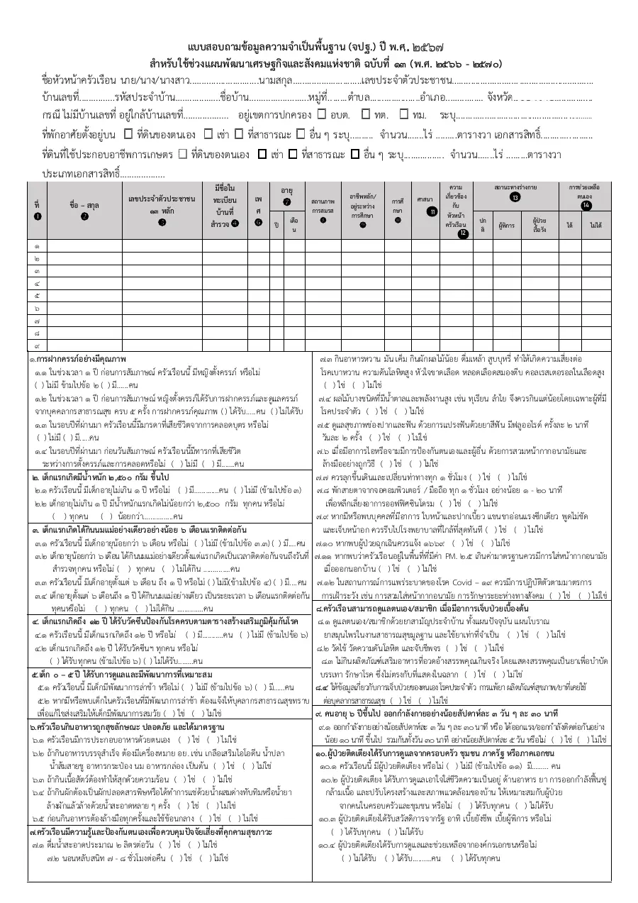ตัวอย่างหน้าแรกของแบบฟอร์ม แบบสอบถามข้อมูลความจำเป็นพื้นฐาน (จปฐ.) พ.ศ. 2566 - 2570